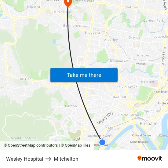 Wesley Hospital to Mitchelton map