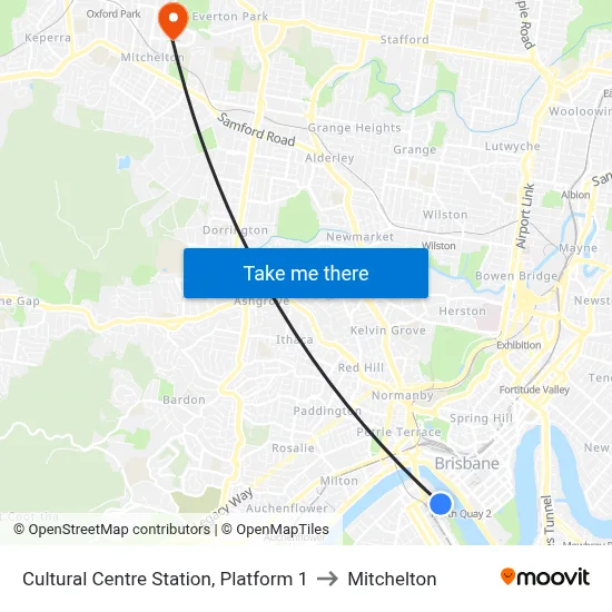 Cultural Centre Station, Platform 1 to Mitchelton map