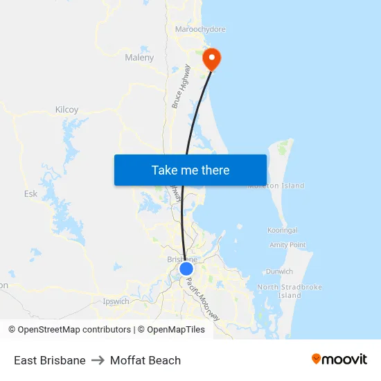 East Brisbane to Moffat Beach map