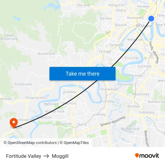 Fortitude Valley to Moggill map