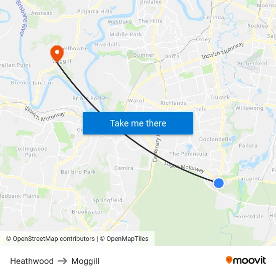 Heathwood to Moggill map