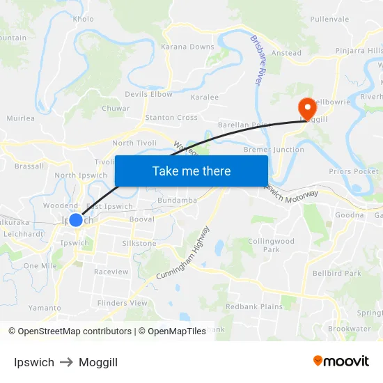 Ipswich to Moggill map