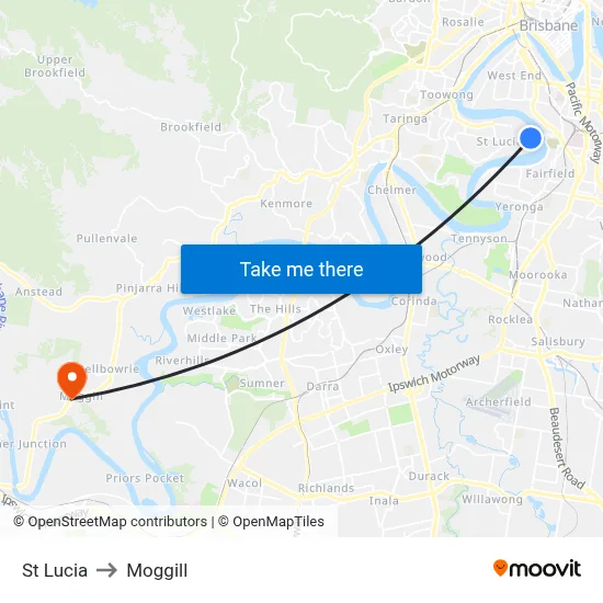 St Lucia to Moggill map