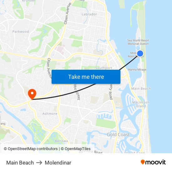 Main Beach to Molendinar map