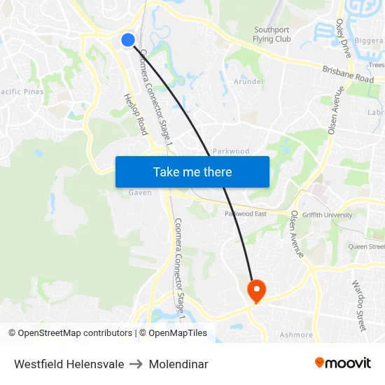 Westfield Helensvale to Molendinar map