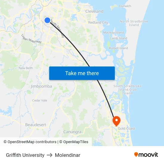 Griffith University to Molendinar map