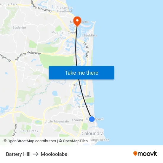 Battery Hill to Mooloolaba map