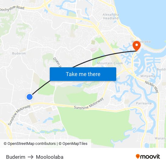 Buderim to Mooloolaba map