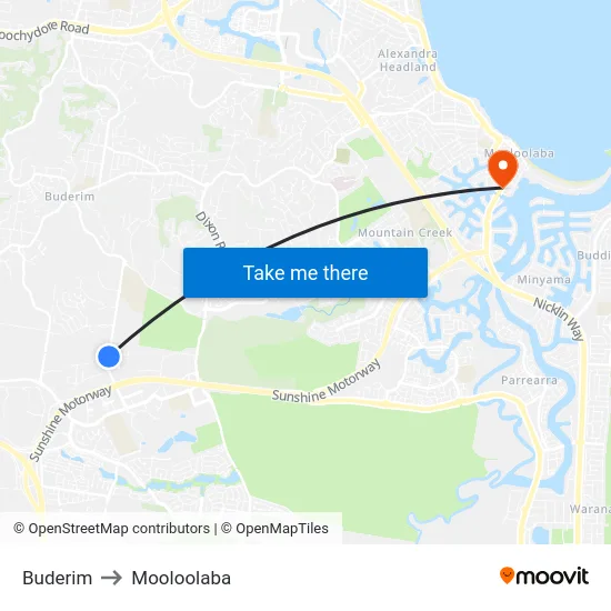 Buderim to Mooloolaba map