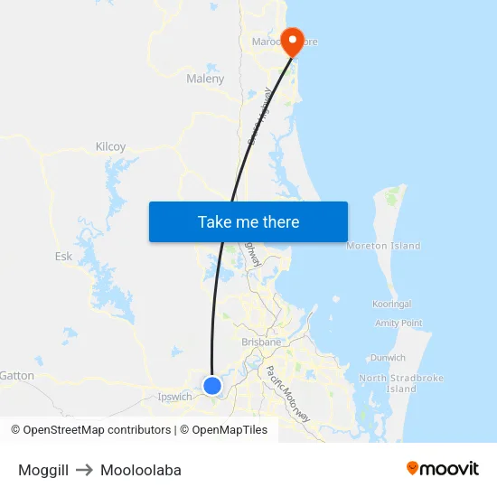 Moggill to Mooloolaba map