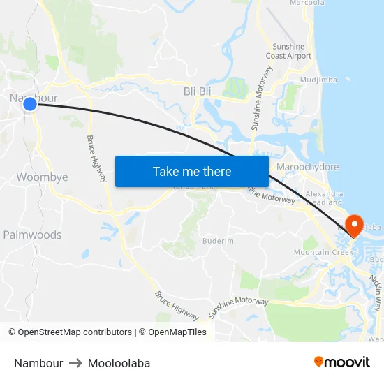 Nambour to Mooloolaba map