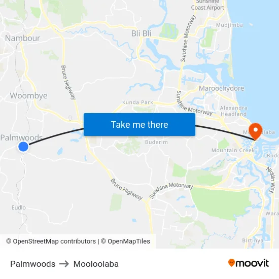 Palmwoods to Mooloolaba map