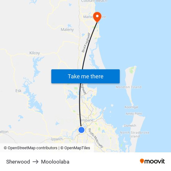 Sherwood to Mooloolaba map