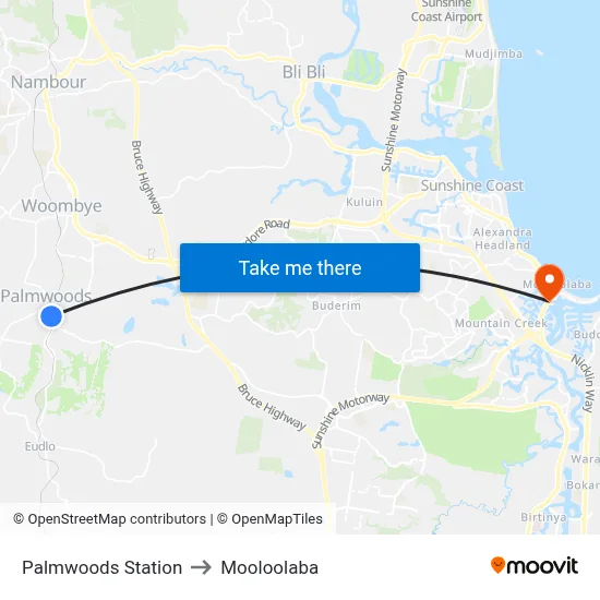 Palmwoods Station to Mooloolaba map