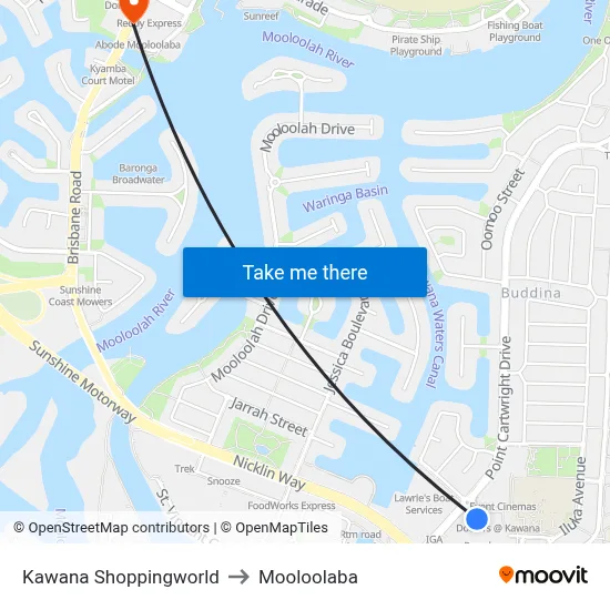 Kawana Shoppingworld to Mooloolaba map