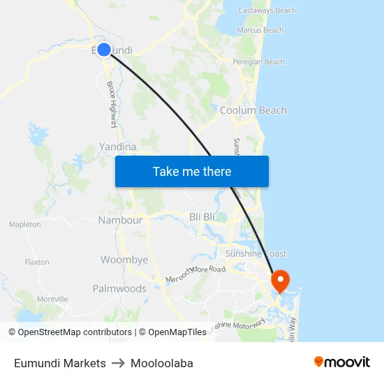 Eumundi Markets to Mooloolaba map