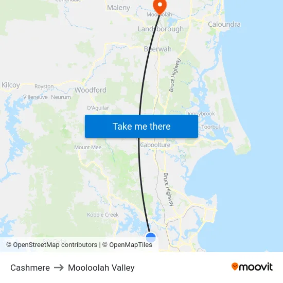 Cashmere to Mooloolah Valley map