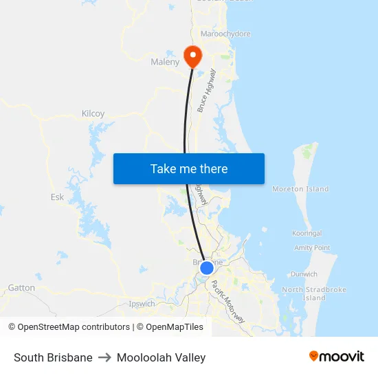South Brisbane to Mooloolah Valley map