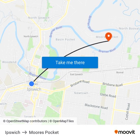 Ipswich to Moores Pocket map