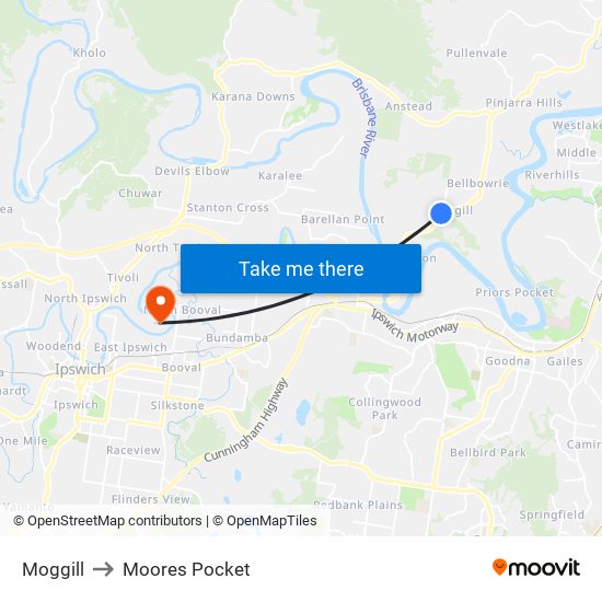 Moggill to Moores Pocket map