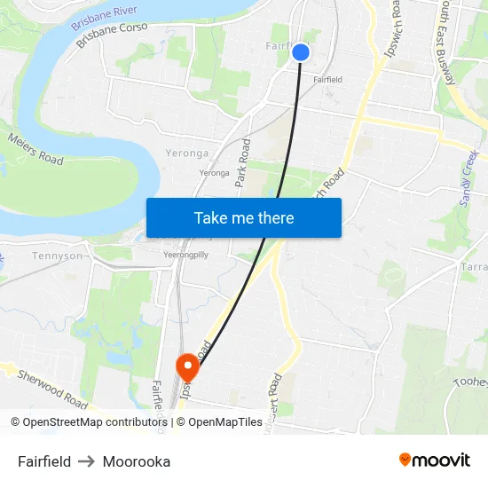Fairfield to Moorooka map