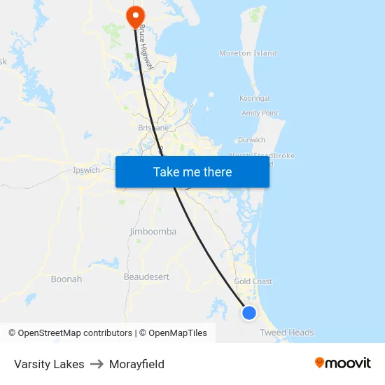 Varsity Lakes to Morayfield map