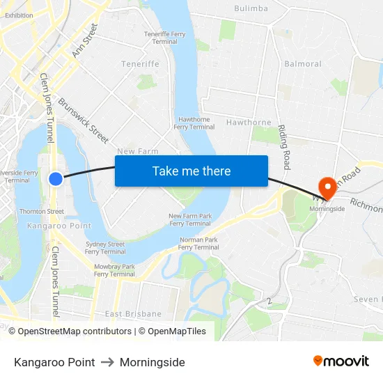 Kangaroo Point to Morningside map