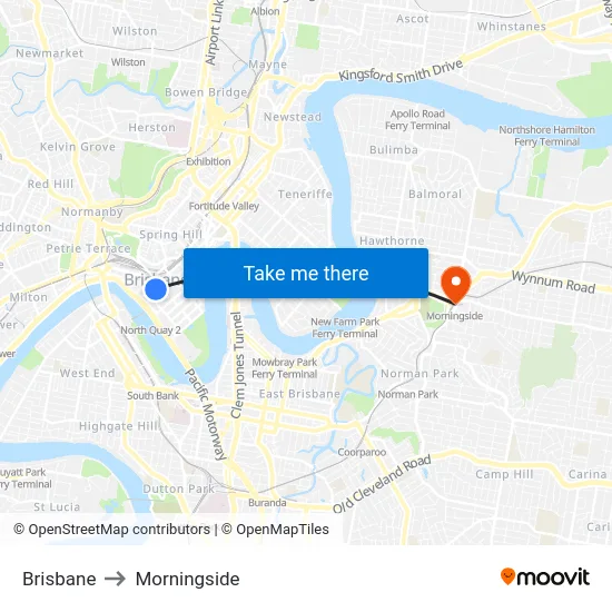 Brisbane to Morningside map