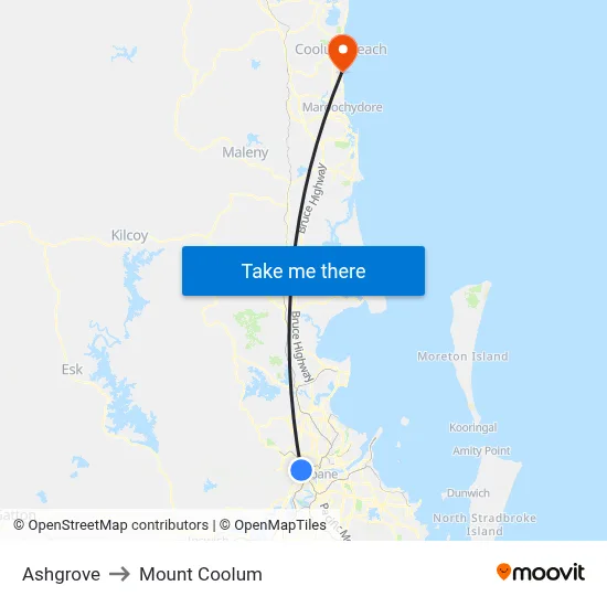 Ashgrove to Mount Coolum map