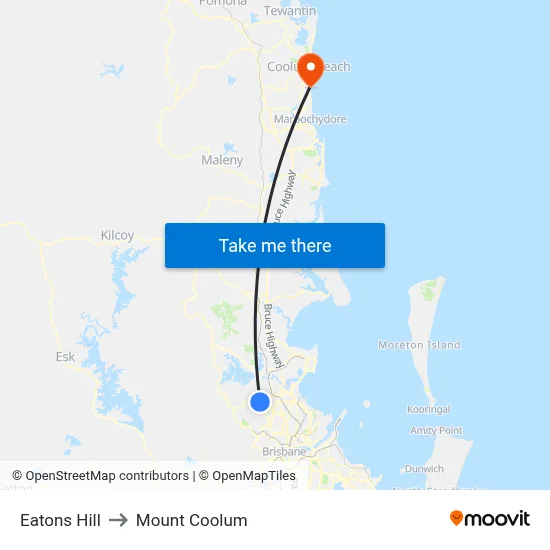 Eatons Hill to Mount Coolum map