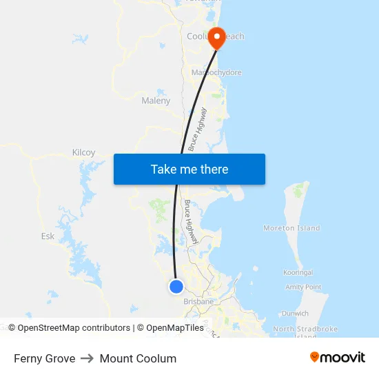 Ferny Grove to Mount Coolum map