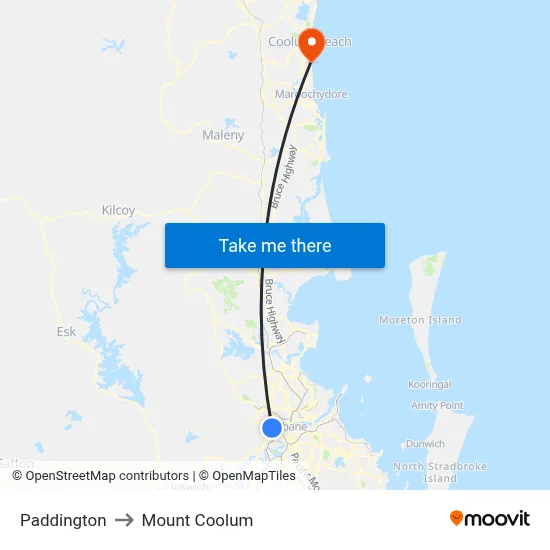 Paddington to Mount Coolum map