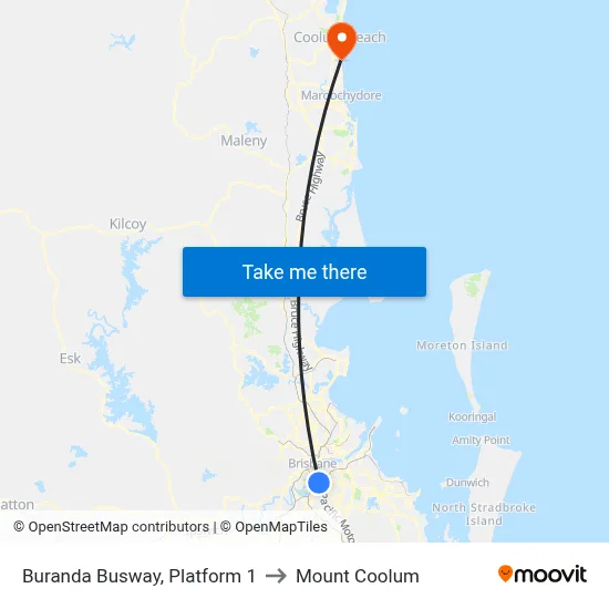 Buranda Busway, Platform 1 to Mount Coolum map