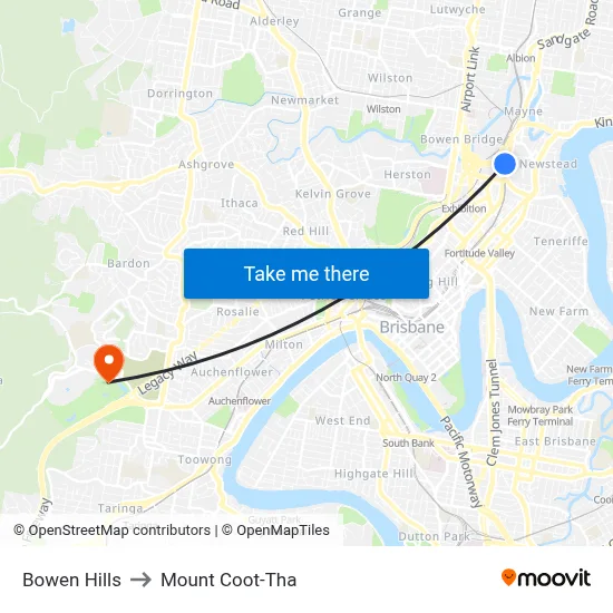 Bowen Hills to Mount Coot-Tha map