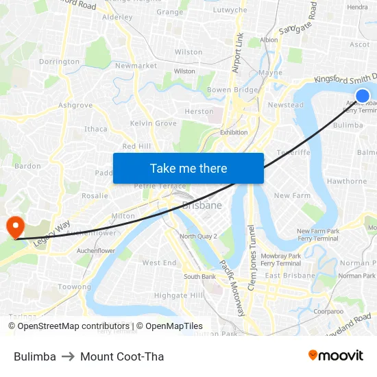 Bulimba to Mount Coot-Tha map