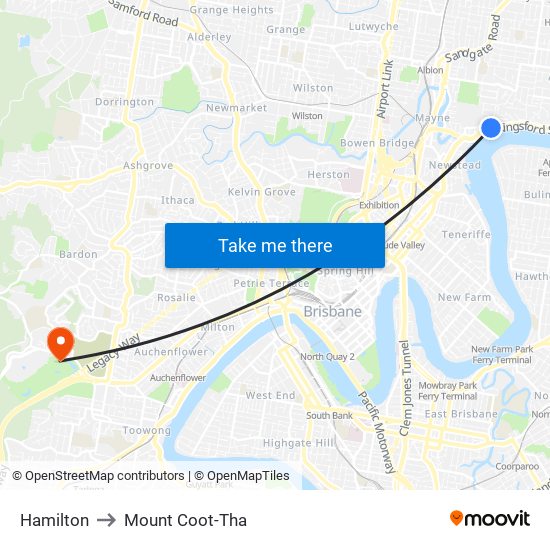 Hamilton to Mount Coot-Tha map