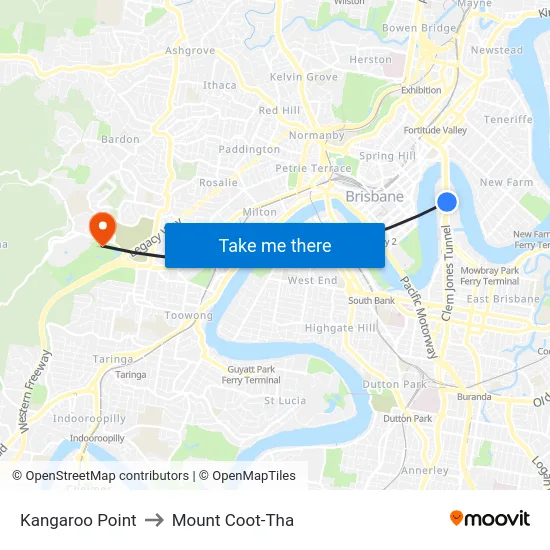 Kangaroo Point to Mount Coot-Tha map
