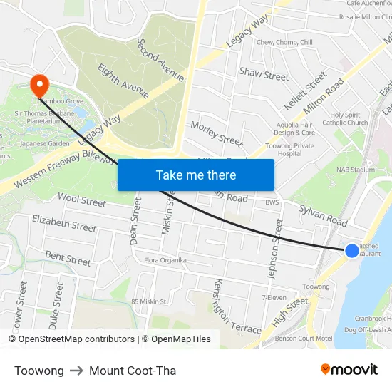 Toowong to Mount Coot-Tha map