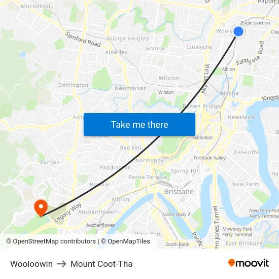 Wooloowin to Mount Coot-Tha map