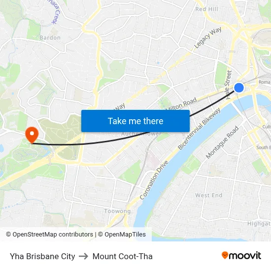 Yha Brisbane City to Mount Coot-Tha map