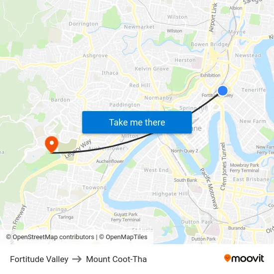 Fortitude Valley to Mount Coot-Tha map