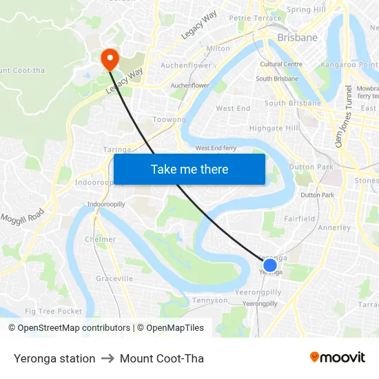 Yeronga station to Mount Coot-Tha map