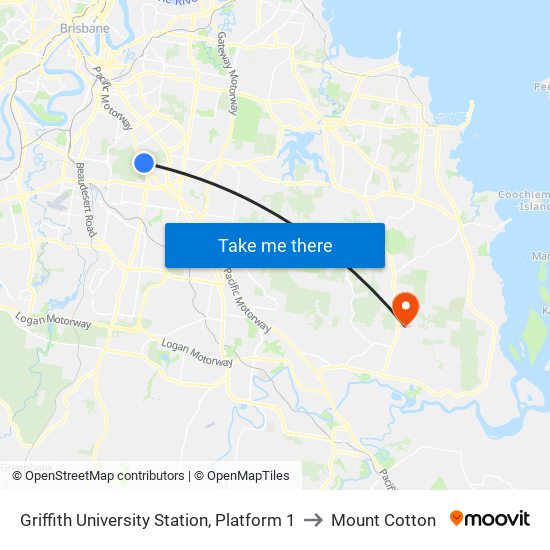 Griffith University Station, Platform 1 to Mount Cotton map