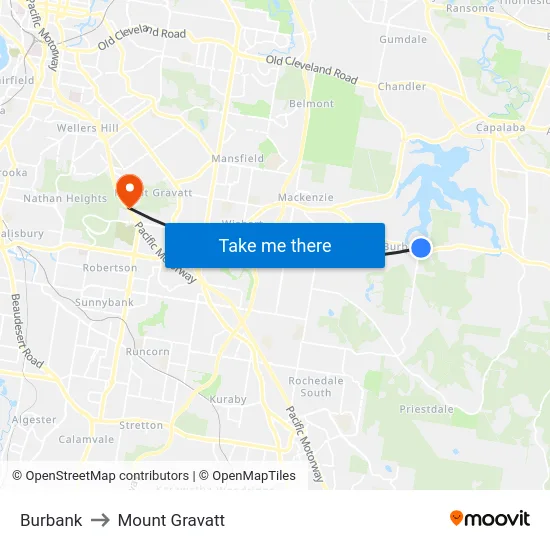 Burbank to Mount Gravatt map