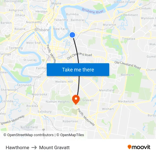 Hawthorne to Mount Gravatt map
