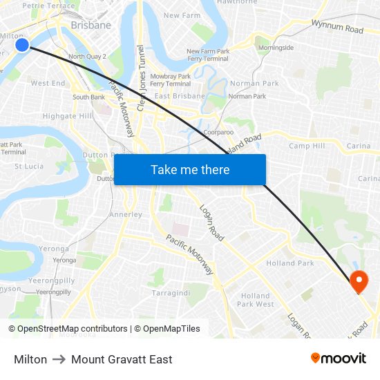 Milton to Mount Gravatt East map