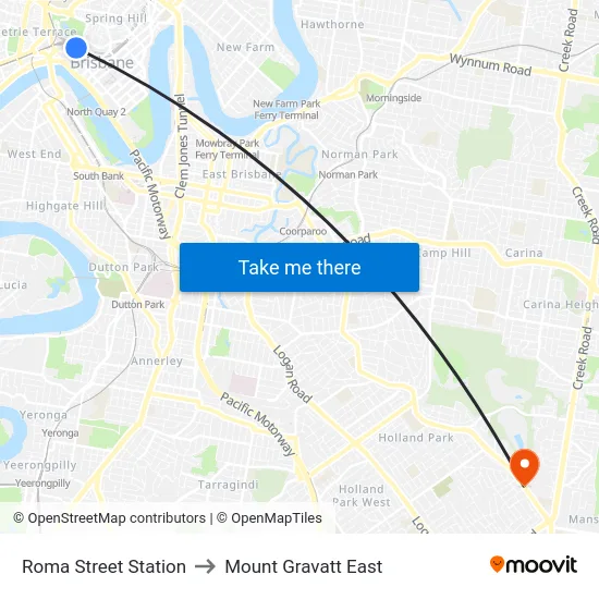 Roma Street Station to Mount Gravatt East map