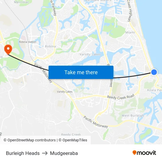 Burleigh Heads to Mudgeeraba map