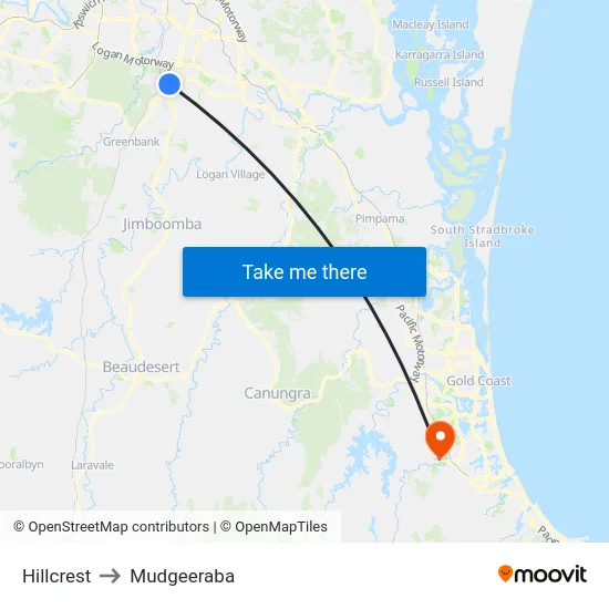 Hillcrest to Mudgeeraba map