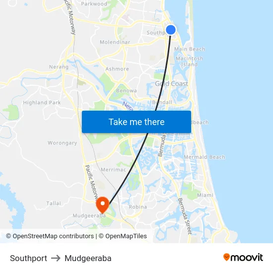 Southport to Mudgeeraba map